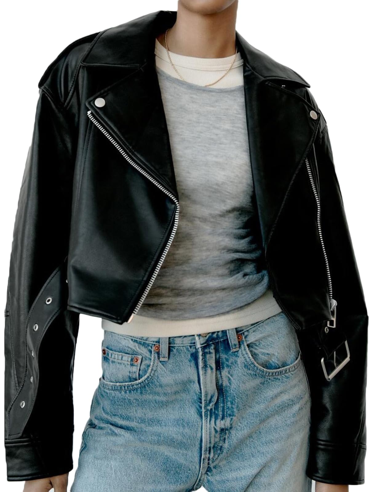 LY VAREY LIN Women Faux Leather Cropped Jacket Lapel Zipper Biker Short Coat with Belt