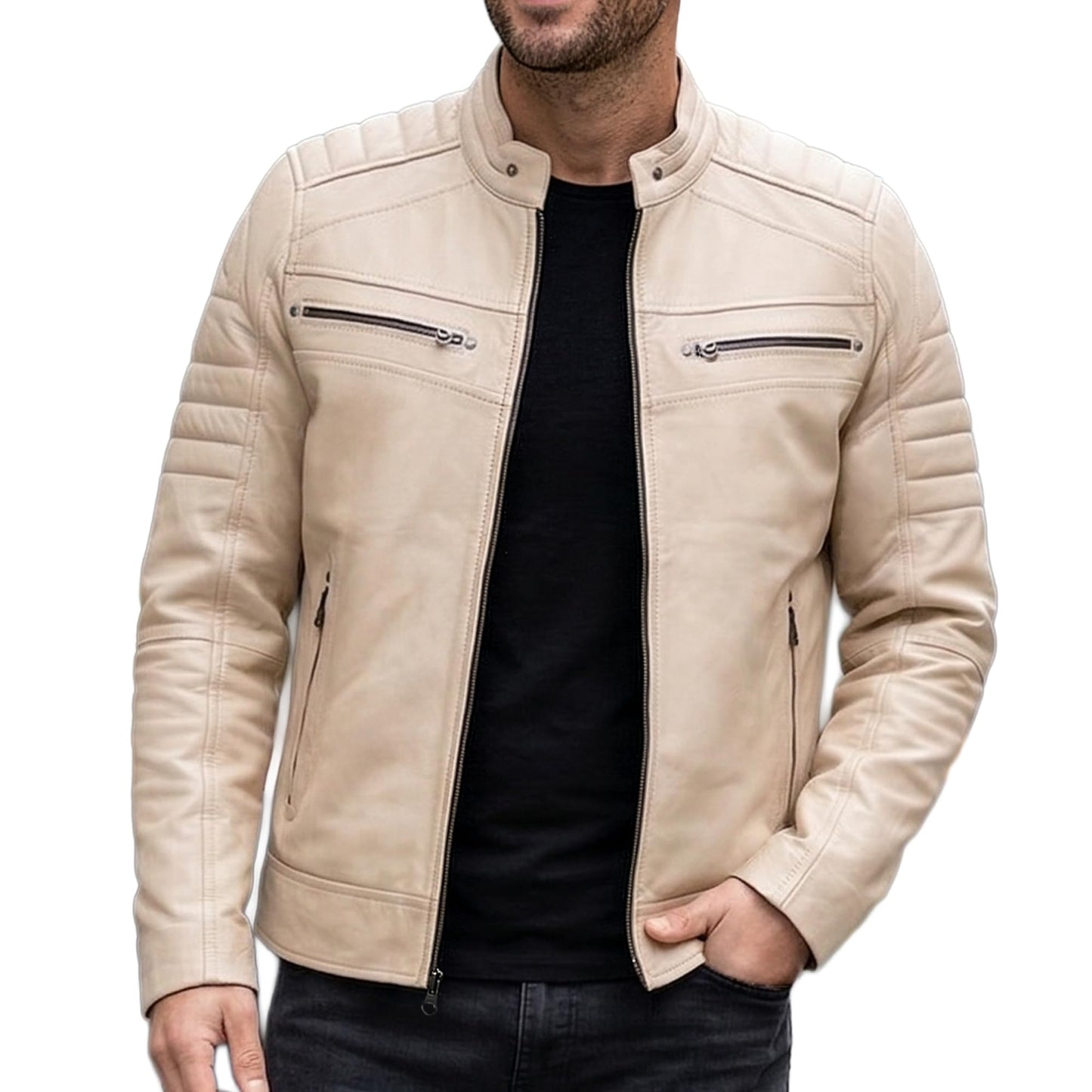 UrbanFocal Beige Leather Jacket Men - Real Lambskin Cafe Racer Leather Jackets For Mens | [101006603] Austin Beige, M