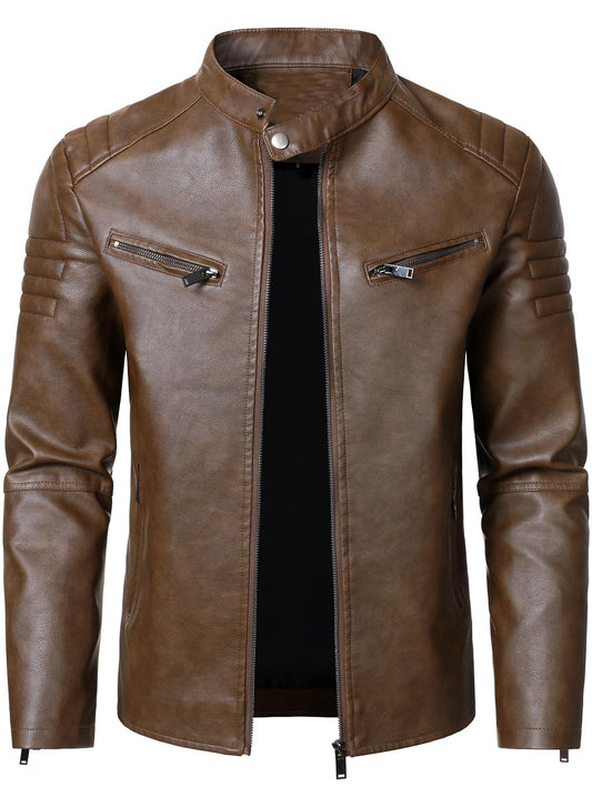 HOOD CREW Men’s Faux Leather Motorcycle Jackets Stand-up Collar Leather Jacket Vintage Coats Outwear Brown L