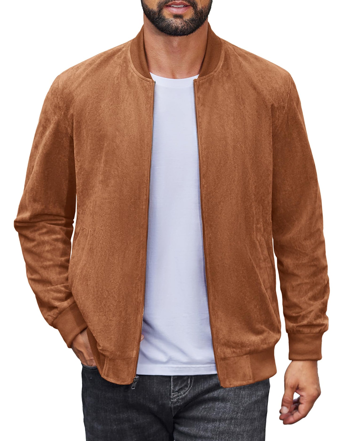 COOFANDY Mens Lightweight Faux Suede Jacket Casual Bomber Jackets Vintage Varisty Coat, Brown, Medium