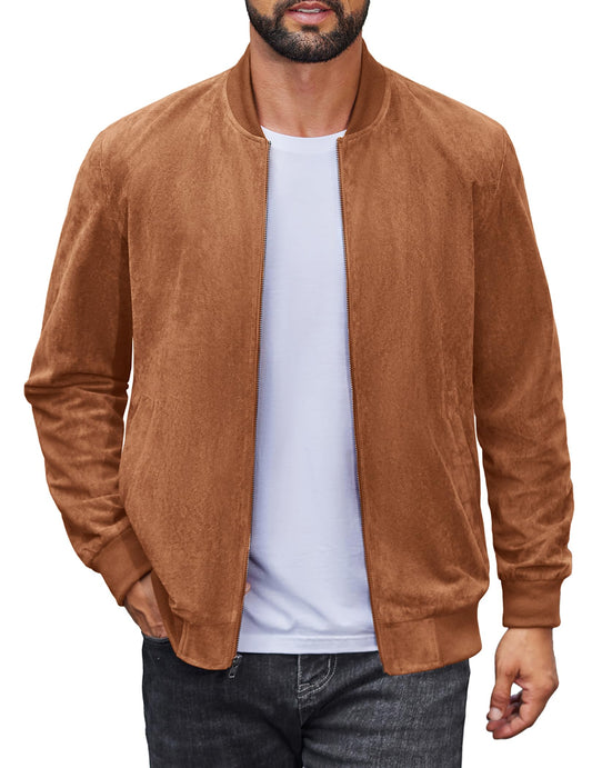 COOFANDY Mens Lightweight Faux Suede Jacket Casual Bomber Jackets Vintage Varisty Coat, Brown, Medium