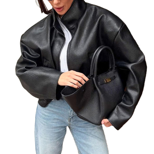 REASERAL Womens Leather Jacket Zipper Stand Collar Motorcycle Jacket Bomber Jacket Fall Winter Faux Coat