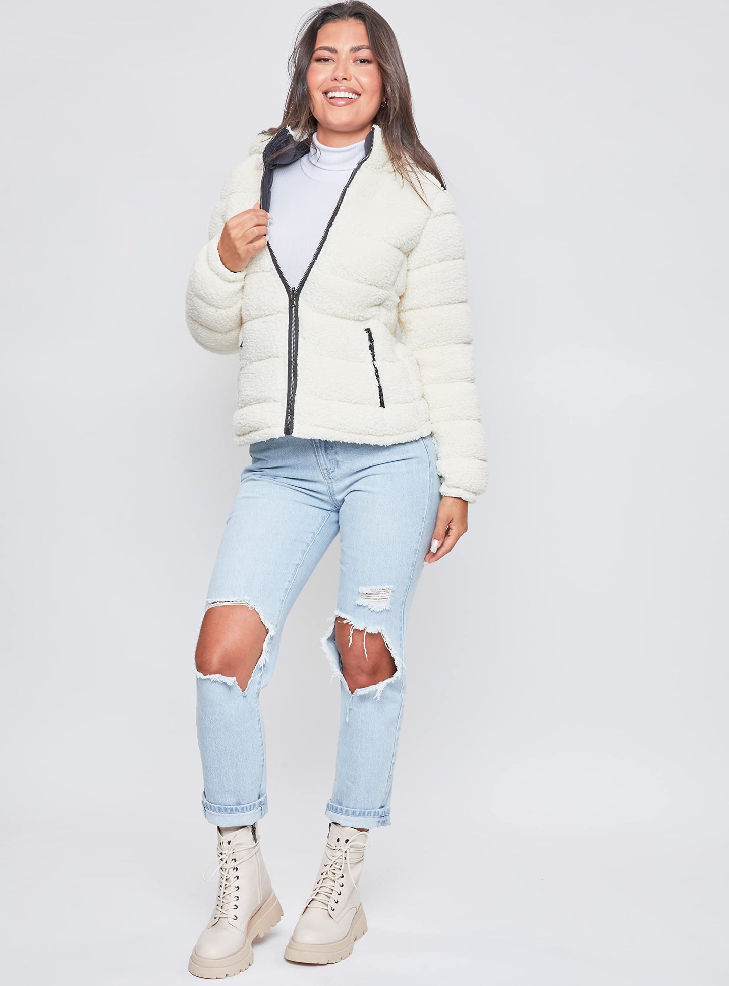 YMI Womens Junior Faux Leather Sherpa Lined Jacket, Ivobl, Small US