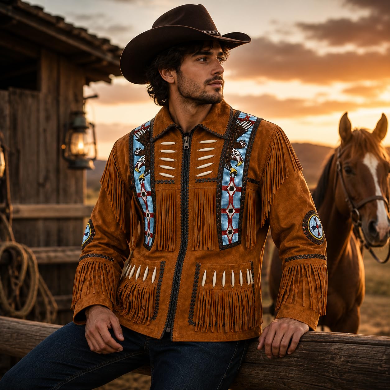 Rapid Mart Men's Western Cowboy Leather Jacket with Fringed Native American Suede Beaded Traditional Leather Coat (US, Alpha, X-Large, Regular, Regular, Tan Brown)