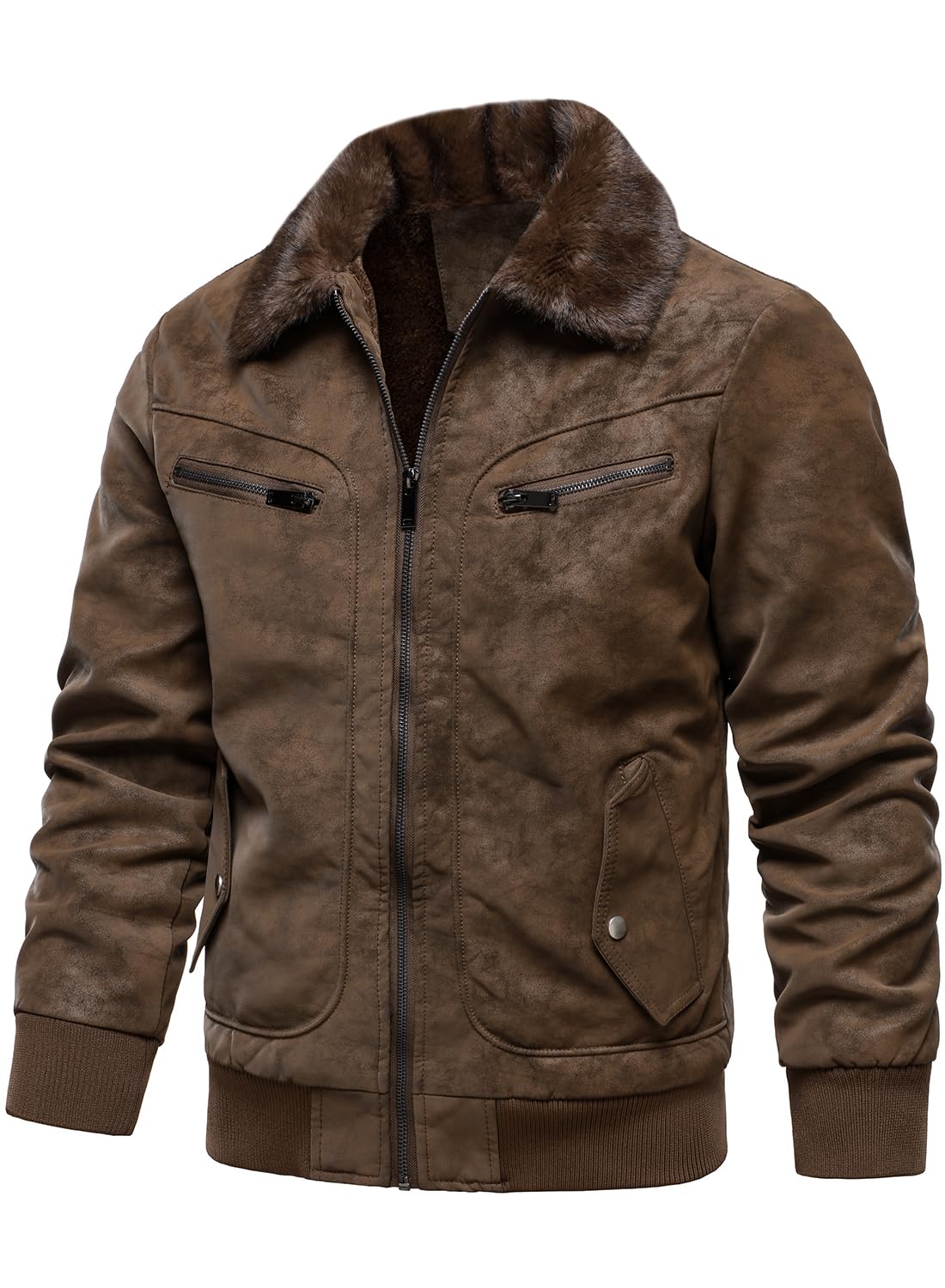 HOOD CREW Men’s Faux Fur Flight Bomber Jacket Vintage Winter Coats Fleece Lined Leather Jackets Brown L