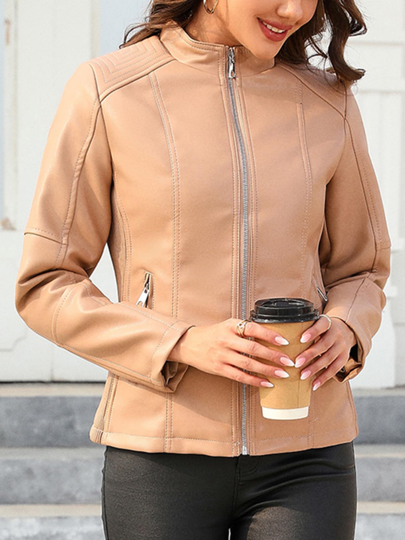 Bellivera Faux Leather Women Motorcycle Stand Collar Jacket Khaki L