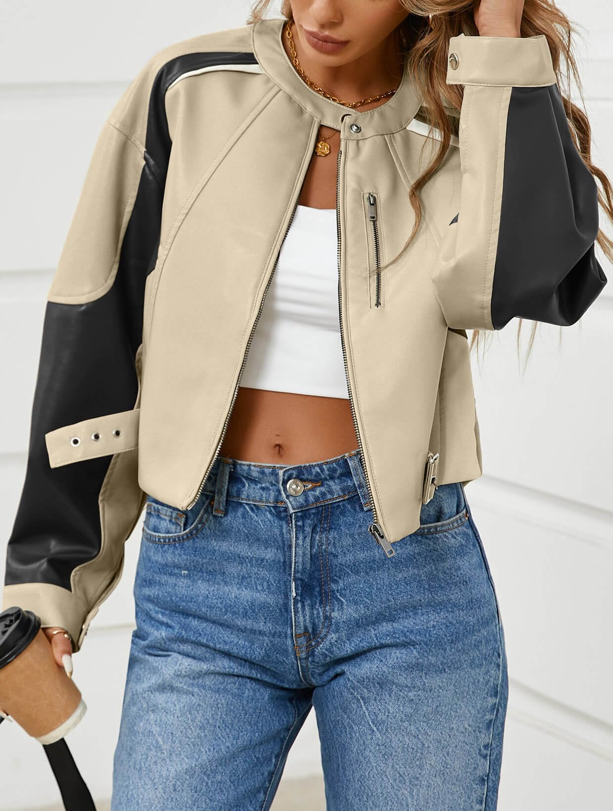 Tankaneo Womens Faux Leather Bomber Jackets Cropped Fall Moto Biker Coats
