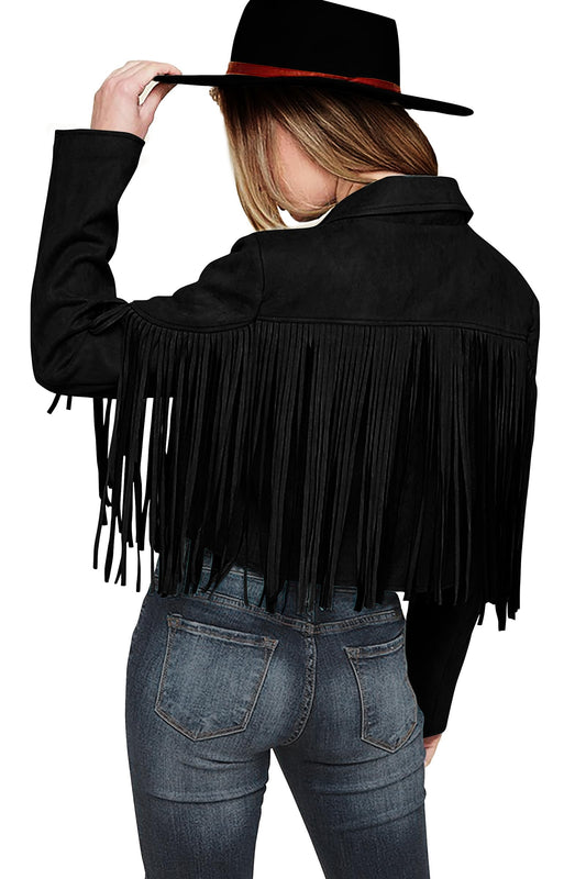PRETTYGARDEN Women's Fringe Faux Suede Leather Jackets Fall Fashion 2025 Tassel Motorcycle Cropped Coats (Black,X-Large)