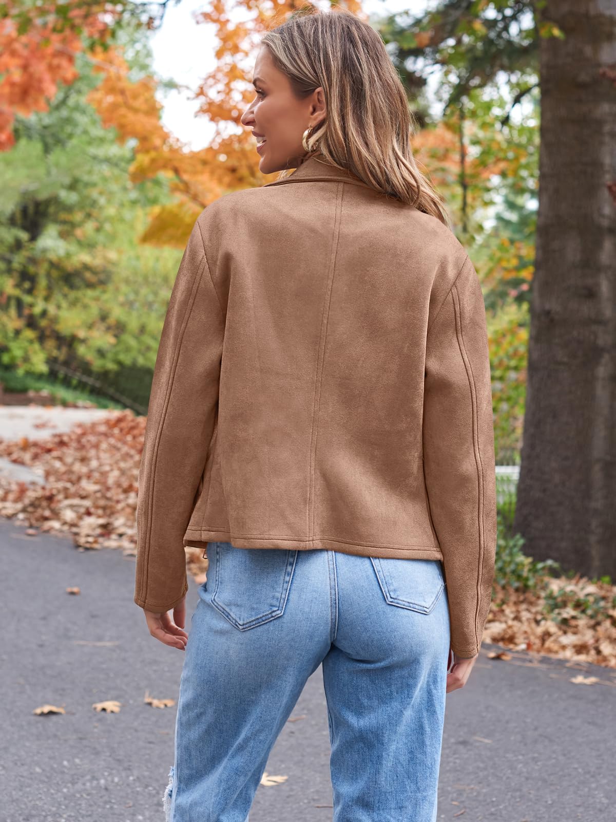 AUTOMET Women's Faux Suede Leather Jacket Cropped Open Front Cardigan Buttery Soft Lightweight Fall Coat Camel S