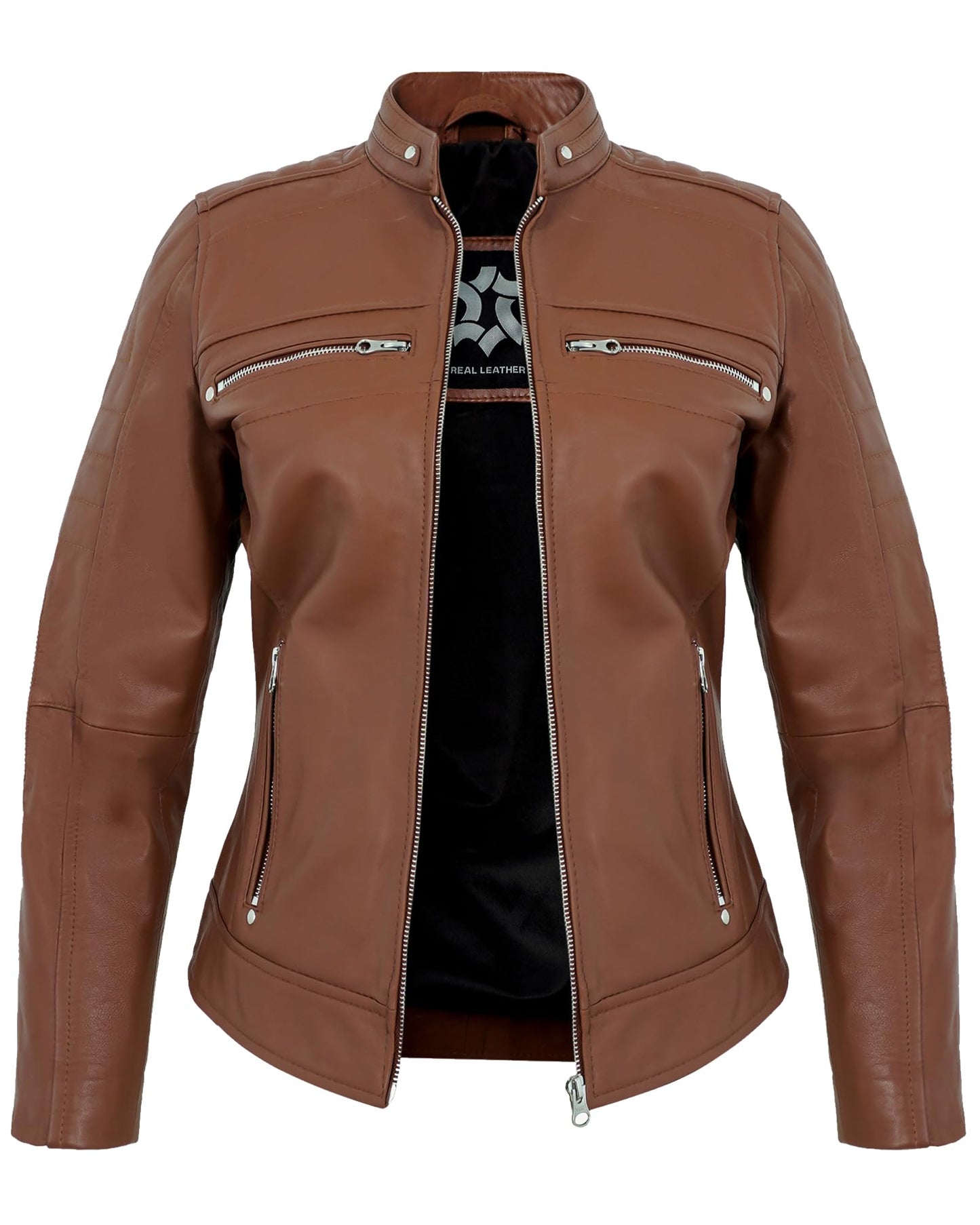 UrbanFocal Brown Leather Jacket Women - Real Lambskin Leather Motorcycle Jackets Women | [101015503] Cafe Racer Cognac W/o Wax, M