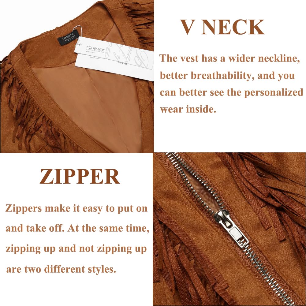 COOFANDY Men's Rodeo Vest Western Cowboy Vest Casual Fringe Hippie Costume V Neck Zipper Suede Leather Waistcoat