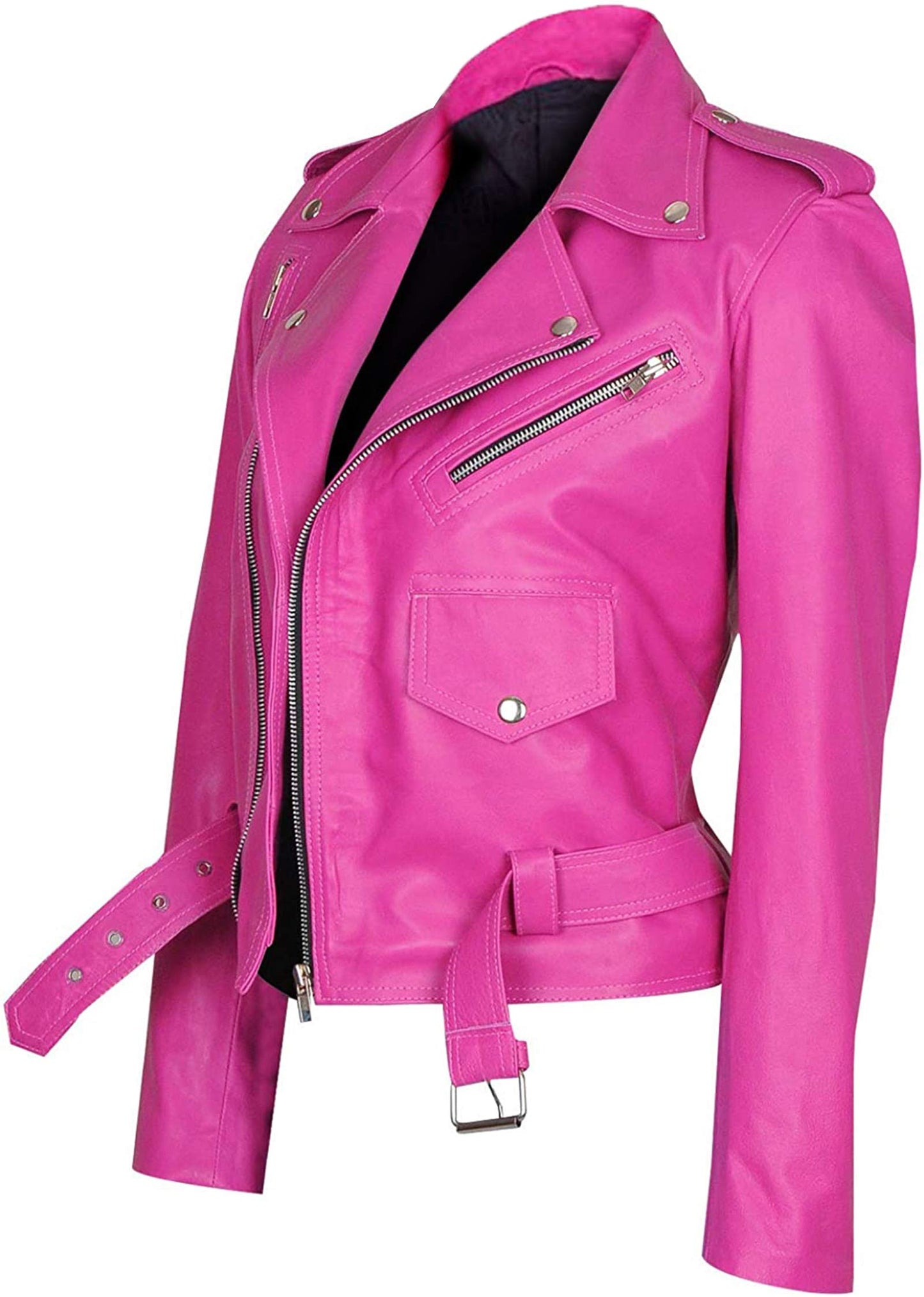 LP-FACON Womens Hot Pink Real Leather Jacket Motorcycle Brando Biker Genuine Leather Jacket