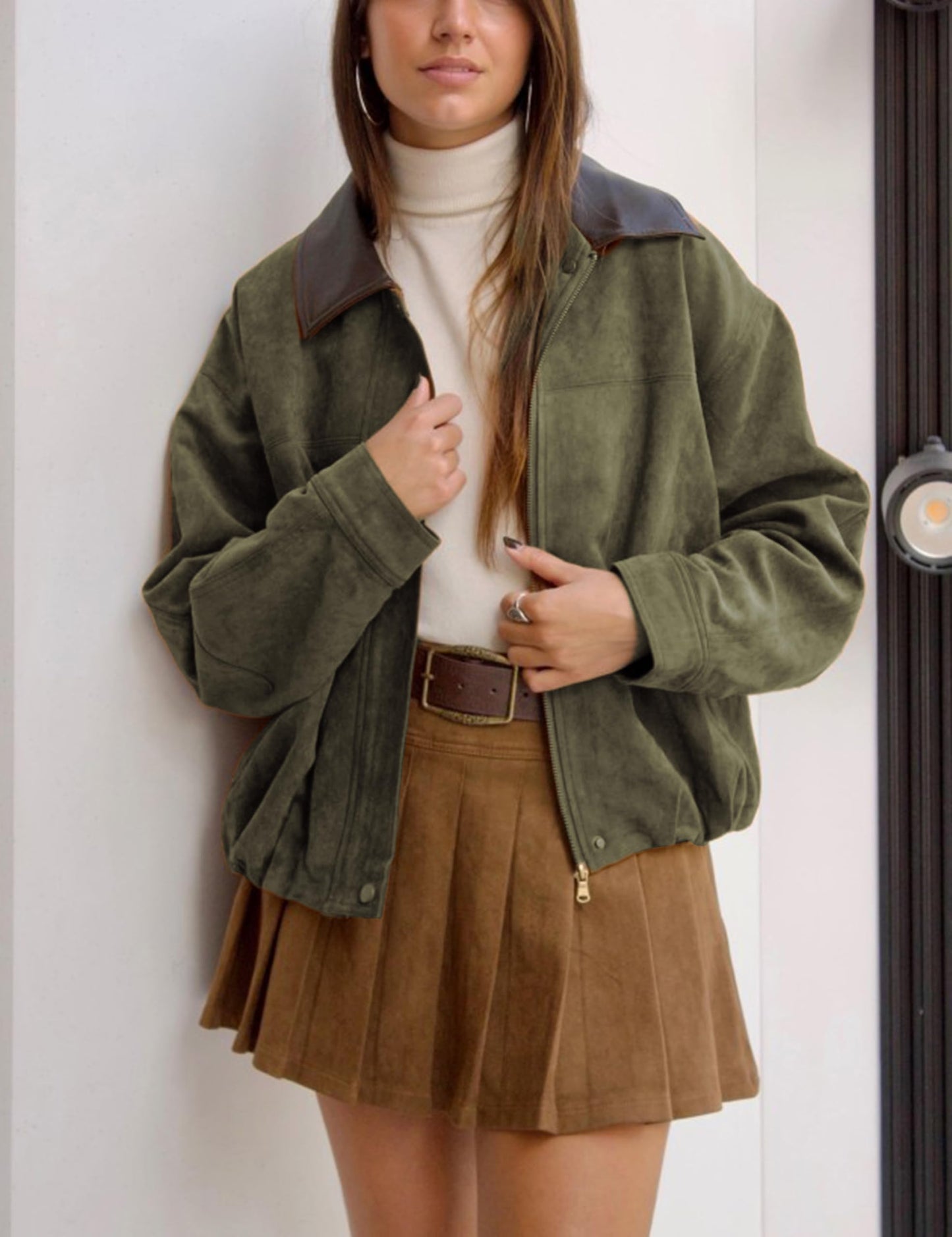 Yegthou Womens Faux Suede Bomber Jacket Casual Lapel Pilot Cropped Jackets Oversized Motorcycle Zip Up Outerwear Coats(ArmyGreen-XS)