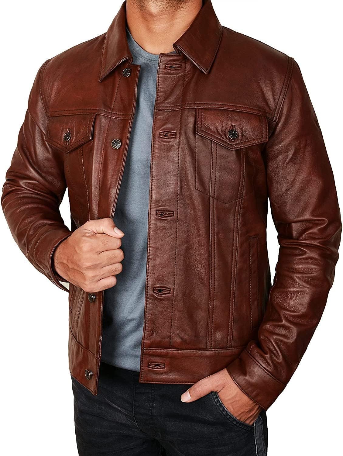 STOREJEES Brown Leather Jacket Men - Chamarras De Piel Para Hombre | Trucker Brown - M