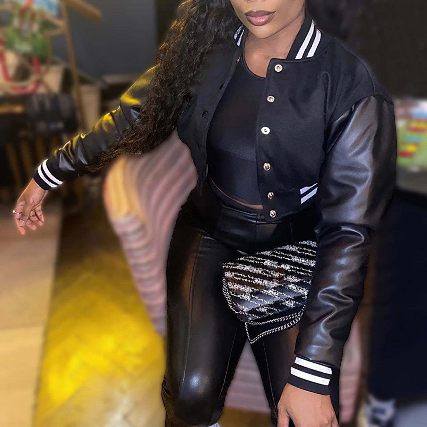 Xaspee Women's Casual Baseball Jacket Faux Leather Colorblock Button Crop Bomber Jacket