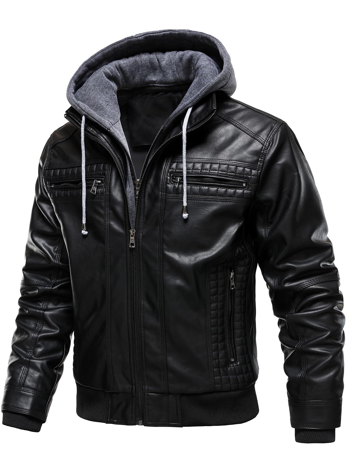 HOOD CREW Men Faux Leather Jacket with Detachable Hood Casual Motorcycle Bomber Jackets Outerwear Black L