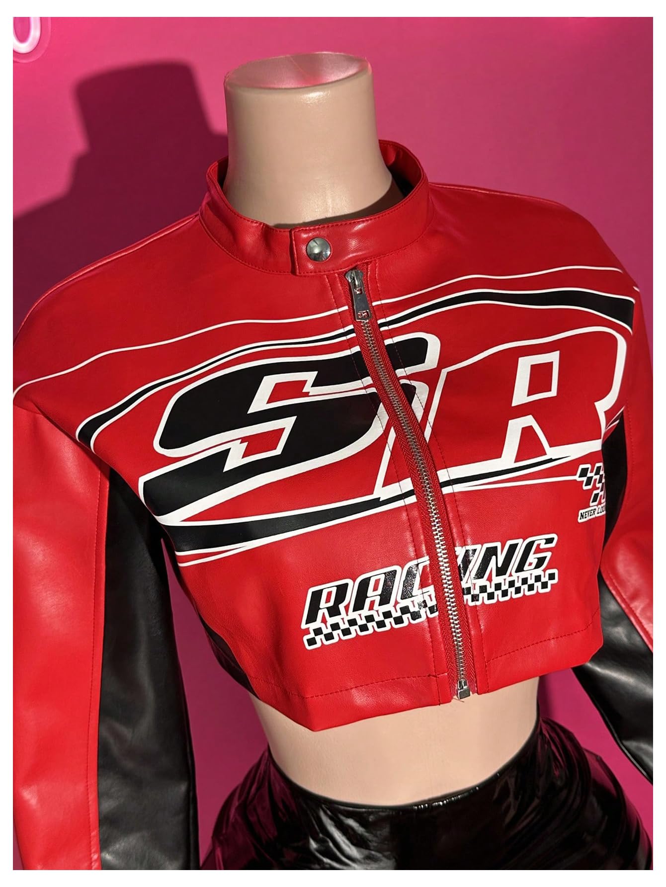 GORGLITTER Women's PU Leather Cropped Jacket F1 Racer Varsity Jacket Zip Up Color Block Graphic Motorcycle Biker Coats Red Large