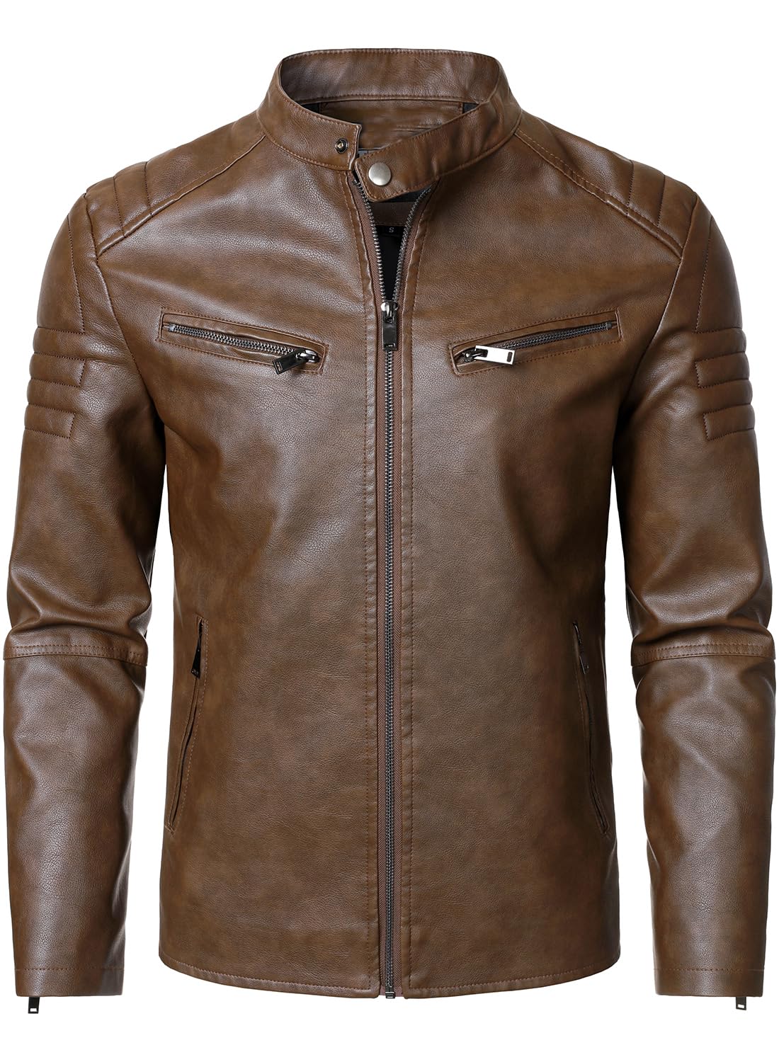 HOOD CREW Men’s Faux Leather Motorcycle Jackets Stand-up Collar Leather Jacket Vintage Coats Outwear Brown M