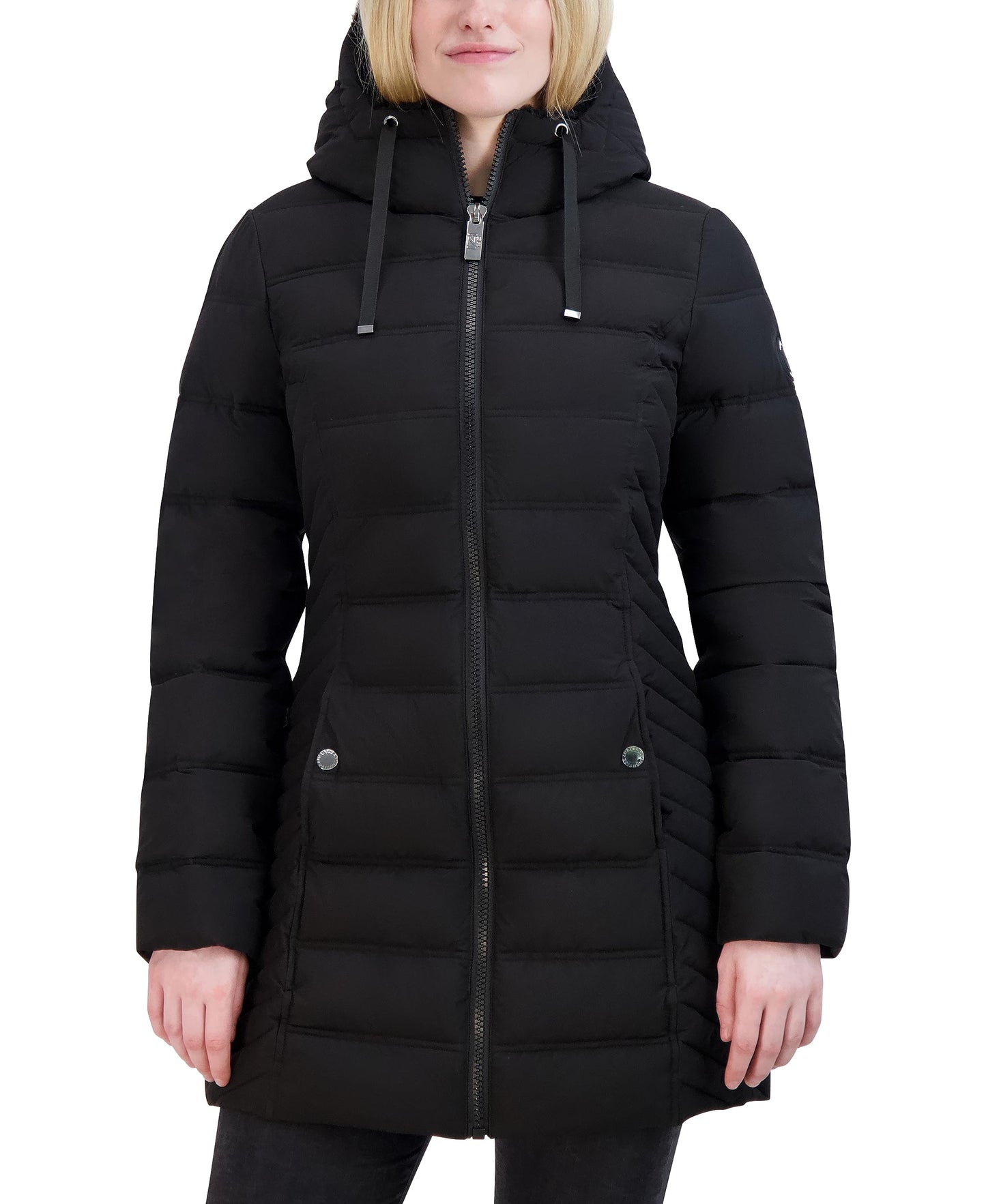 Nautica Women's Stretch Quilted Puffer Jacket– Winter Coat with Detachable Hood & Storm Cuffs, Jet Black, Large