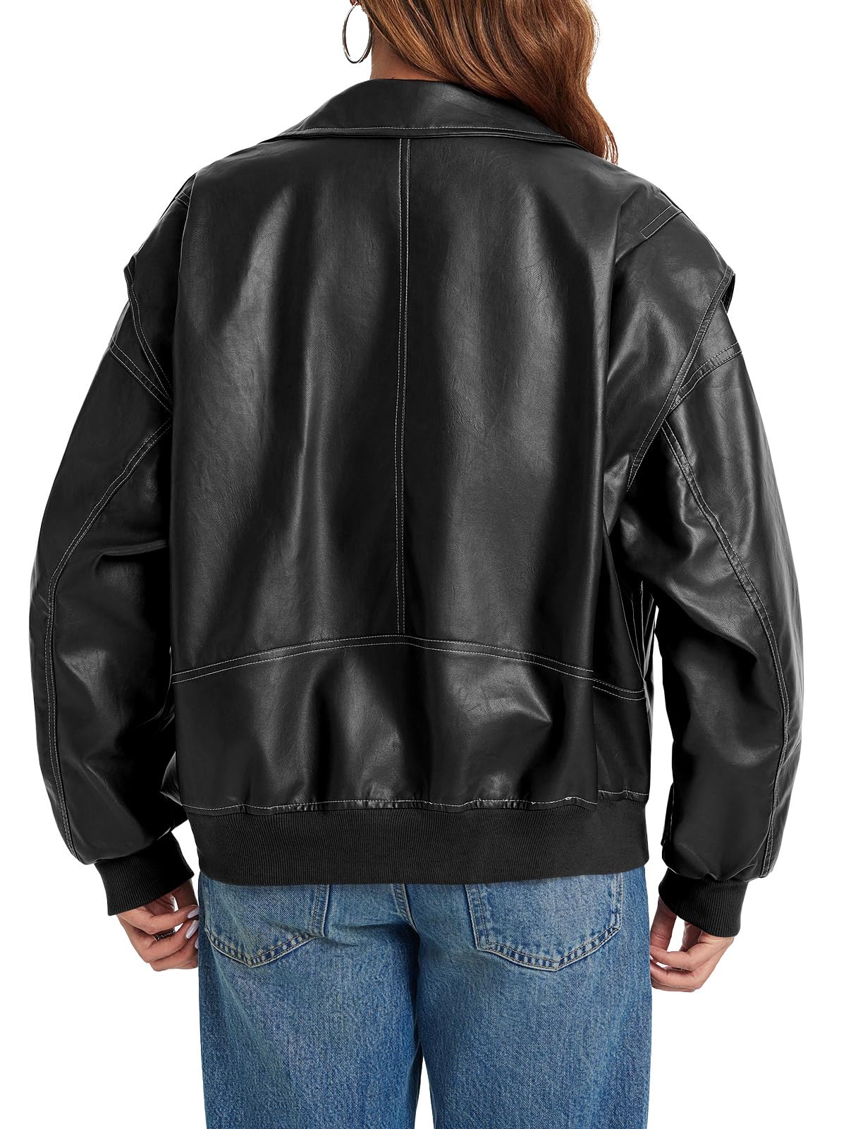 Tankaneo Womens Oversized Leather Bomber Jackets Cap Sleeve Zip Up Motorcycle Coats with Pockets