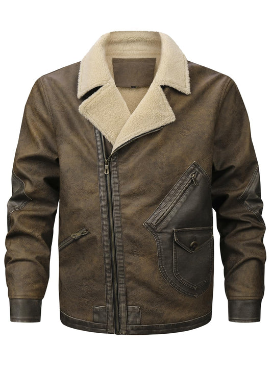 HOOD CREW Men’s Faux Leather Motorcycle Bomber Jacket Windproof Winter Coat Jackets with Shearling Lining Brown L