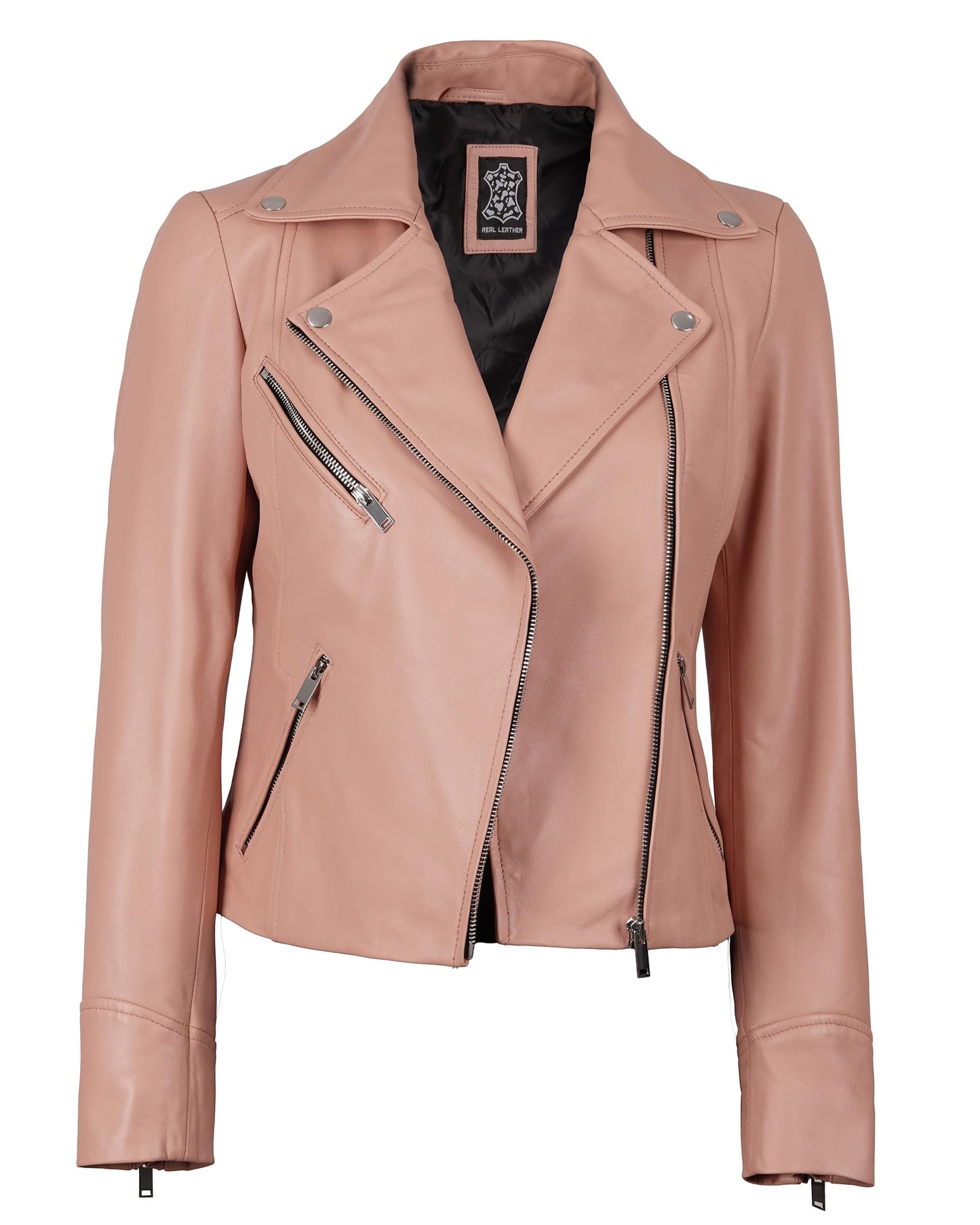 Decrum Women's Leather Jacket - Asymmetrical Style Pink Leather Jacket Women | [1324132] Ninfa Pnk, S