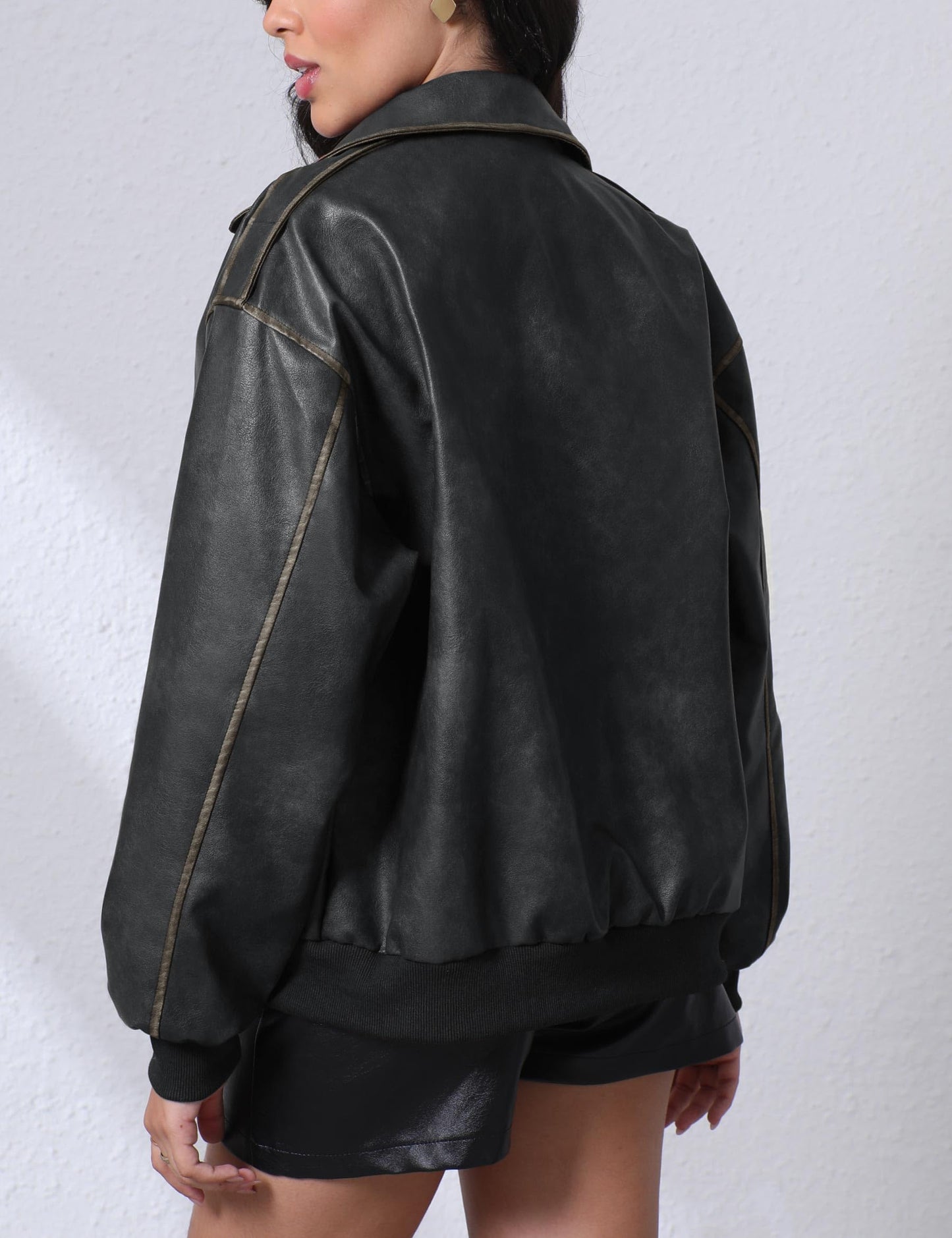 Nitzana Women's Faux Leather Jacket Trendy 2026 Oversized Zip Up Motorcycle Bomber Jacket Coats Fall Winter Outerwear Black M