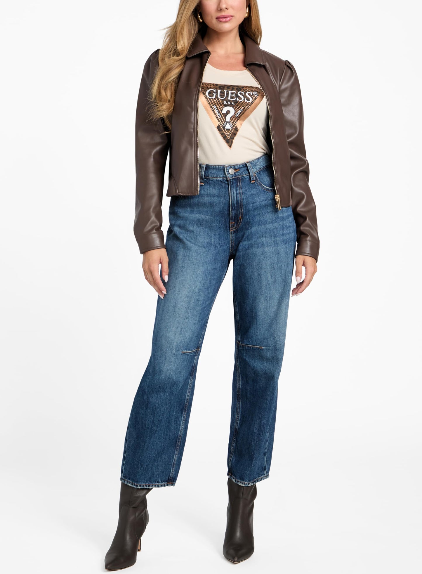 Guess Womens Fancy Zipped Faux Leather Biker Jacket, Chocolate Brownie, Large