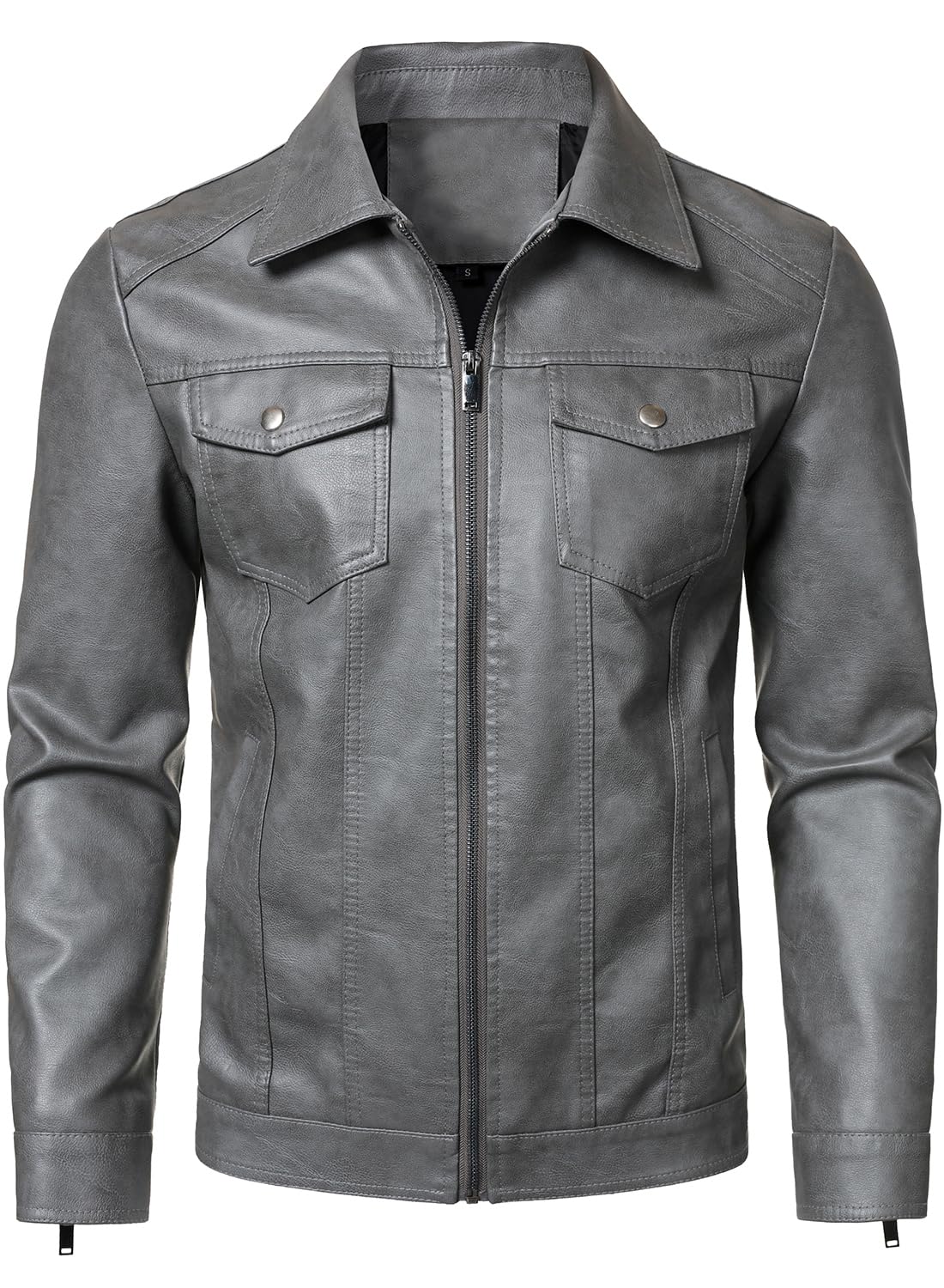 HOOD CREW Mens Leather Jacket Motorcycle Biker Jackets Casual Lightweight Faux Leather Outwear Grey L