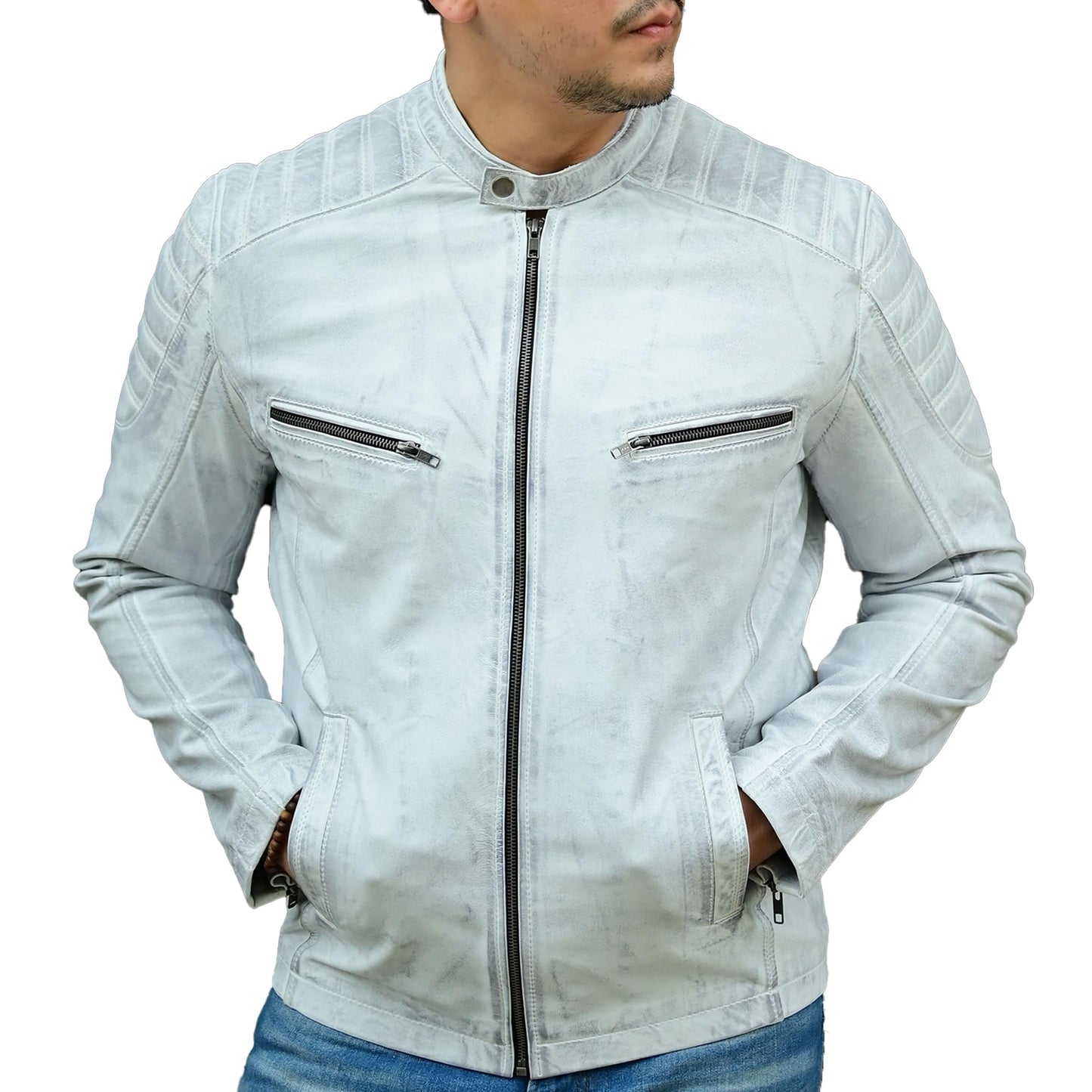 Jild Timeless Classic Leather Jacket Men - Biker Style Real Lambskin Café Racer Vintage Look Motorcycle Jackets for Men (M10-White-XL)