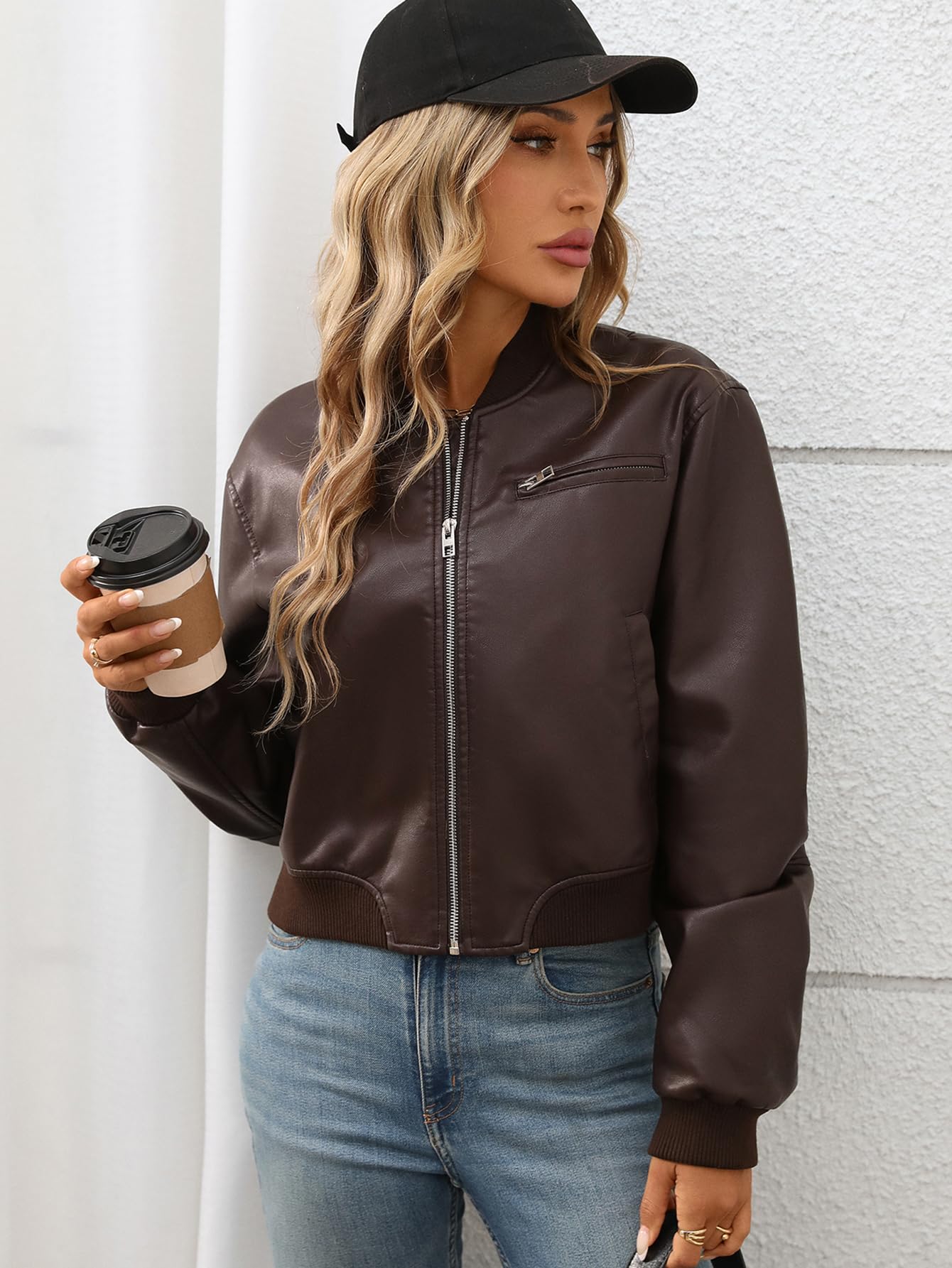 LY VAREY LIN Womens Faux Leather Varsity Jacket Biker Baseball Streetwear Casual Coat(Black,S)