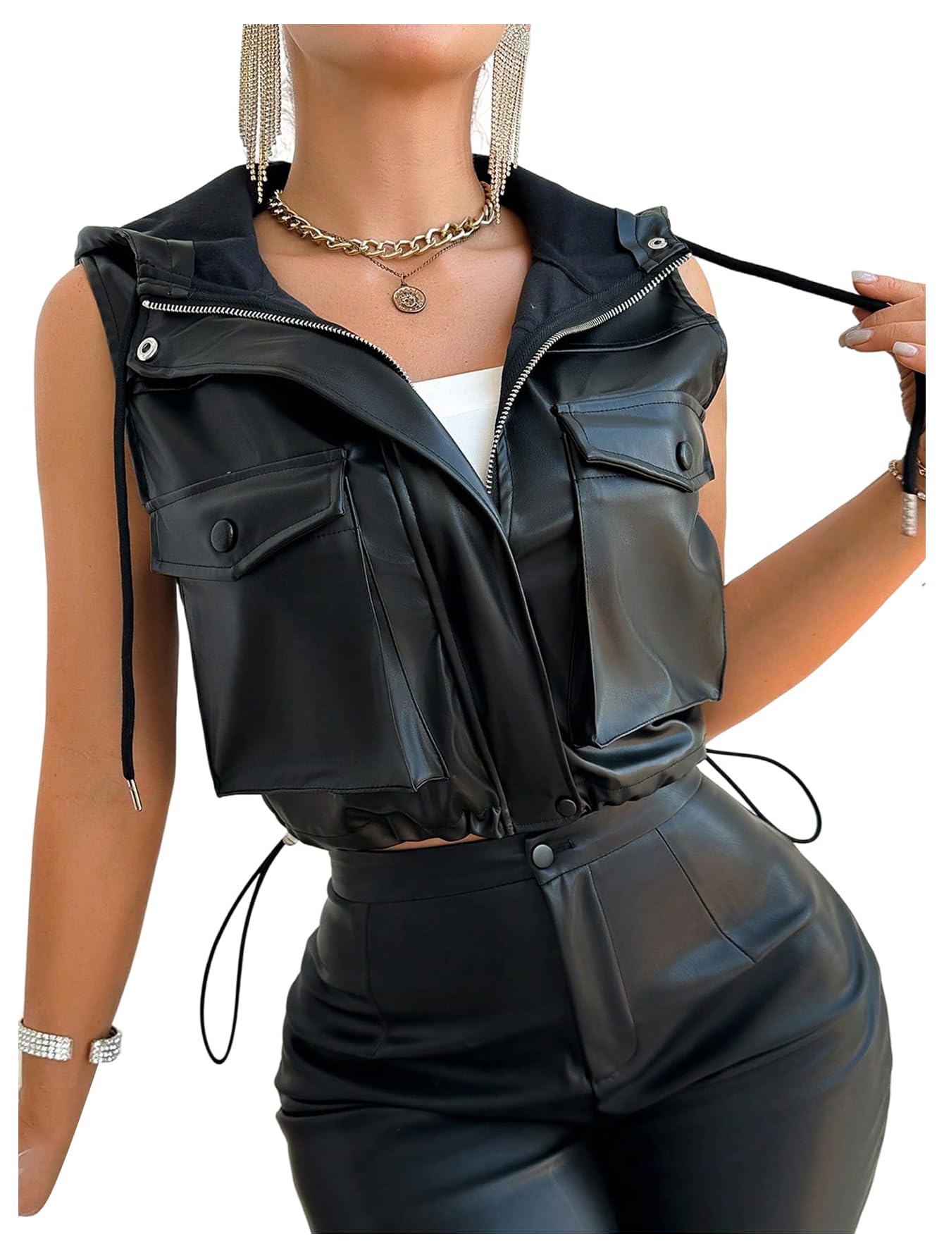 Verdusa Women's PU Leather Zip Up Cropped Vest Sleeveless Hooded Jacket with Pockets Black Medium