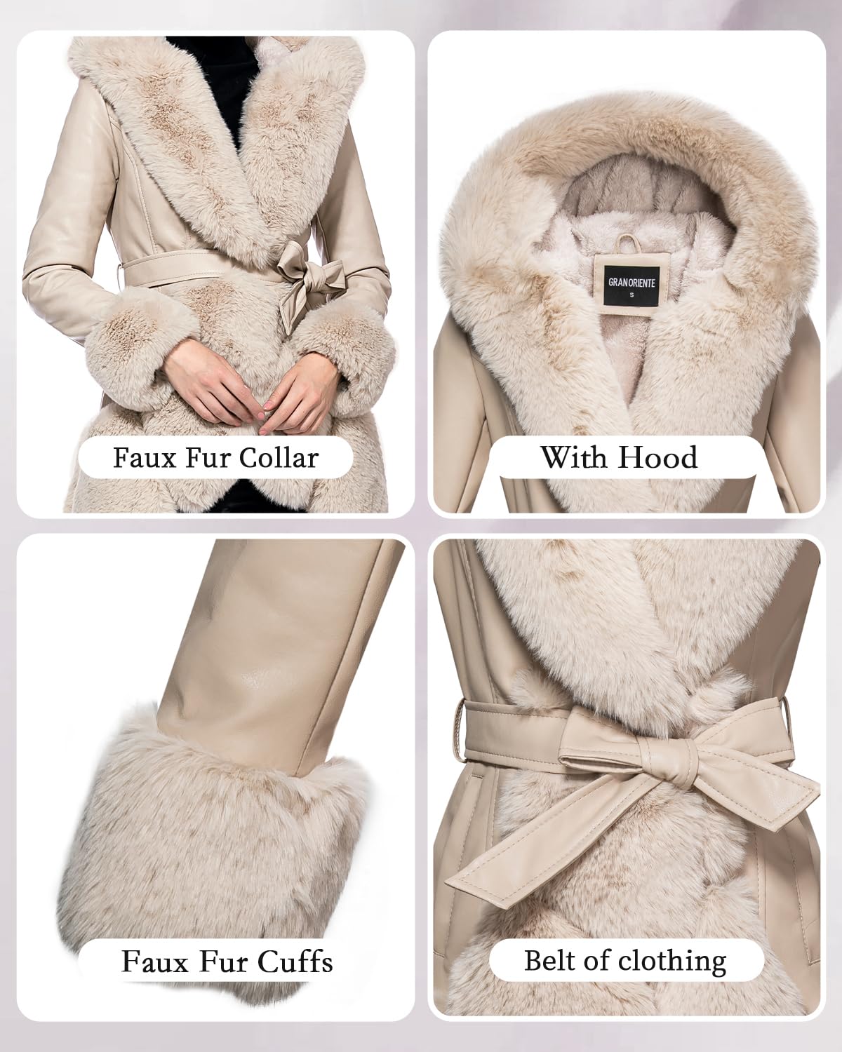 GRAN ORIENTE Women's Faux Leather Coat with Faux Fur Collar,Winter Warm Belted Mid Length Trim Jacket Fur Lined with Hood (002 Apricot S)