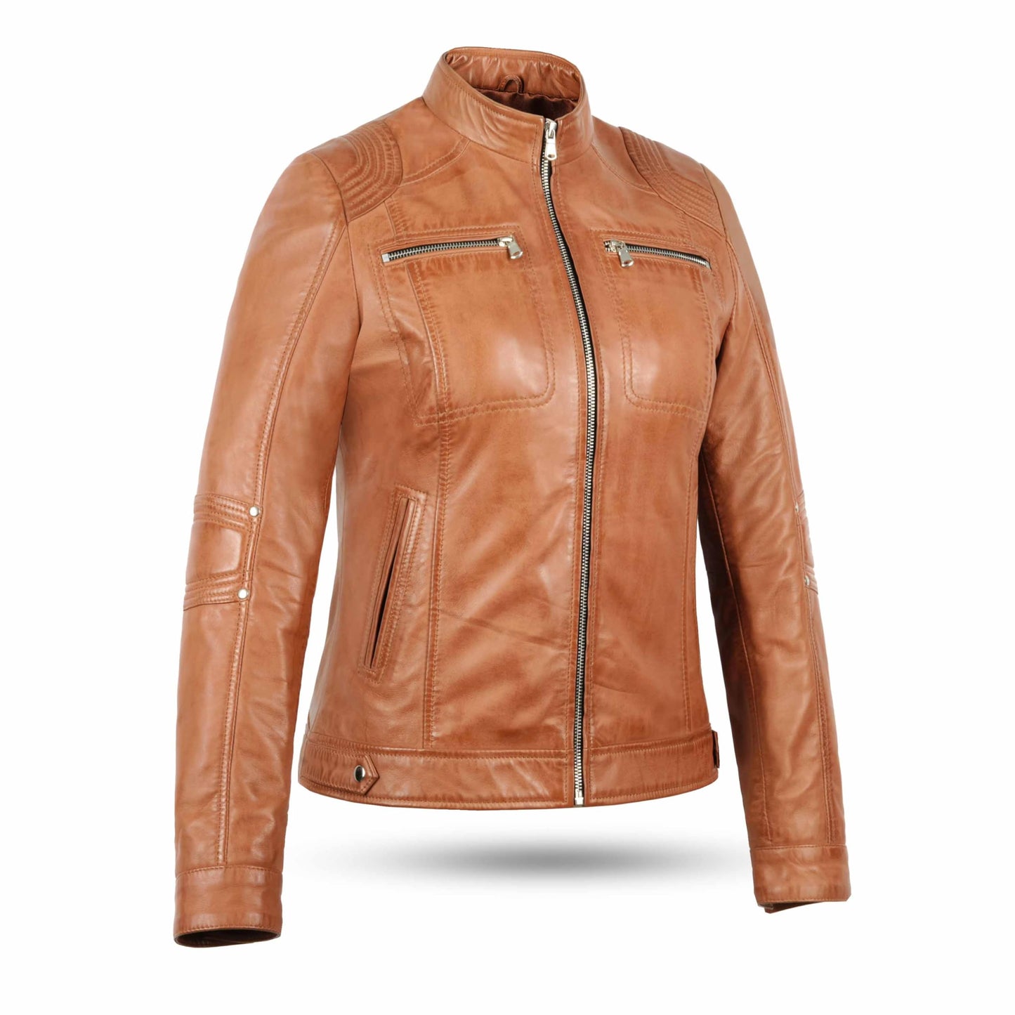 Leatherick USA Ladies Blair Cafe Racer Biker Jacket (Black & Tan) (US, Alpha, X-Large, Regular, Regular, Tan Brown)