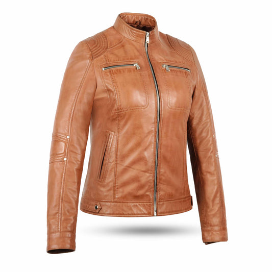 Leatherick USA Ladies Blair Cafe Racer Biker Jacket (Black & Tan) (US, Alpha, X-Large, Regular, Regular, Tan Brown)