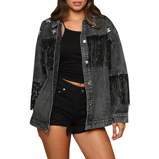 CYLADY Womens Denim Jacket with Fringe Rhinestones Long Sleeve Casual Tassel Jean Jacket Large
