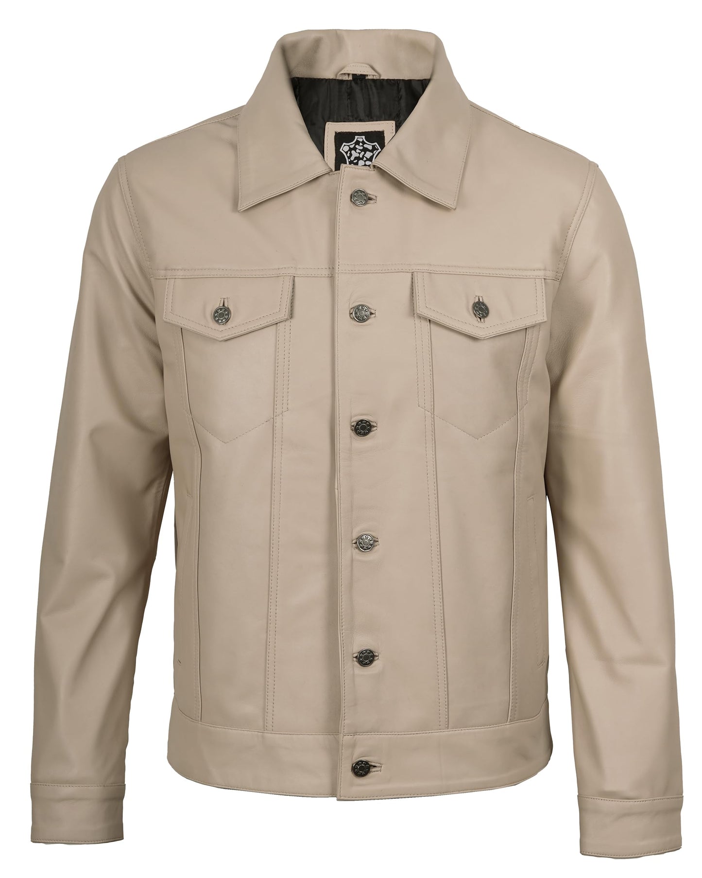 Blingsoul Classic Men's Trucker Leather Jacket with Shirt Style Collar | [1124025] Fernando Beige, XL