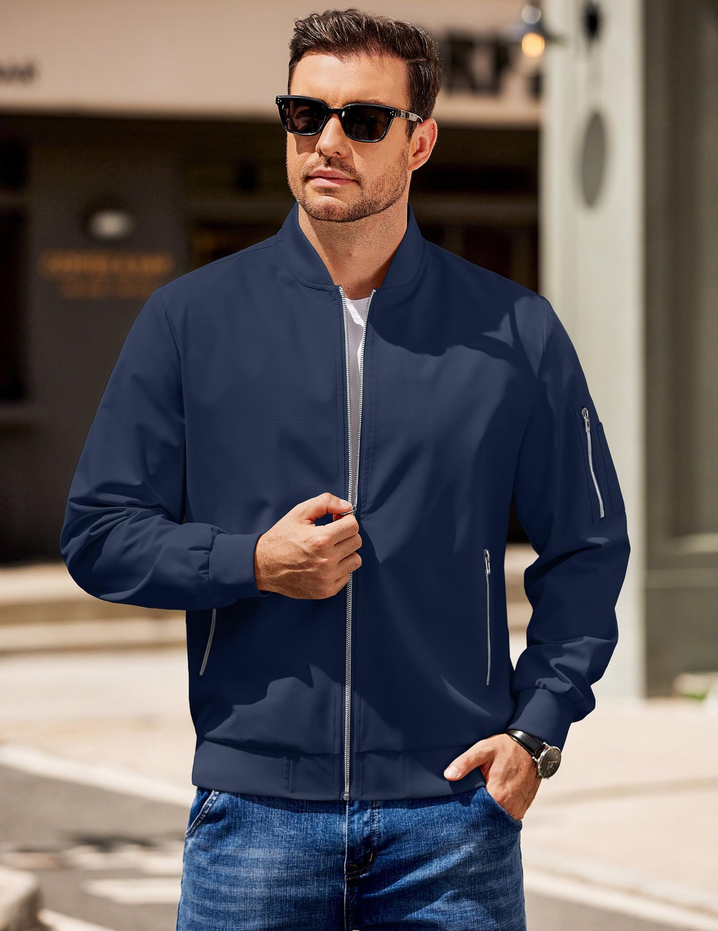COOFANDY Men Jacket Casual Lightweight Polyester Bomber Jackets Blue Zip Up Stylish Windbreaker For Work Daily Wear 3XL