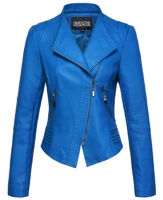 chouyatou Women's Casual Collarless Cropped Pu Leather Biker Jacket (X-Small, Blue)
