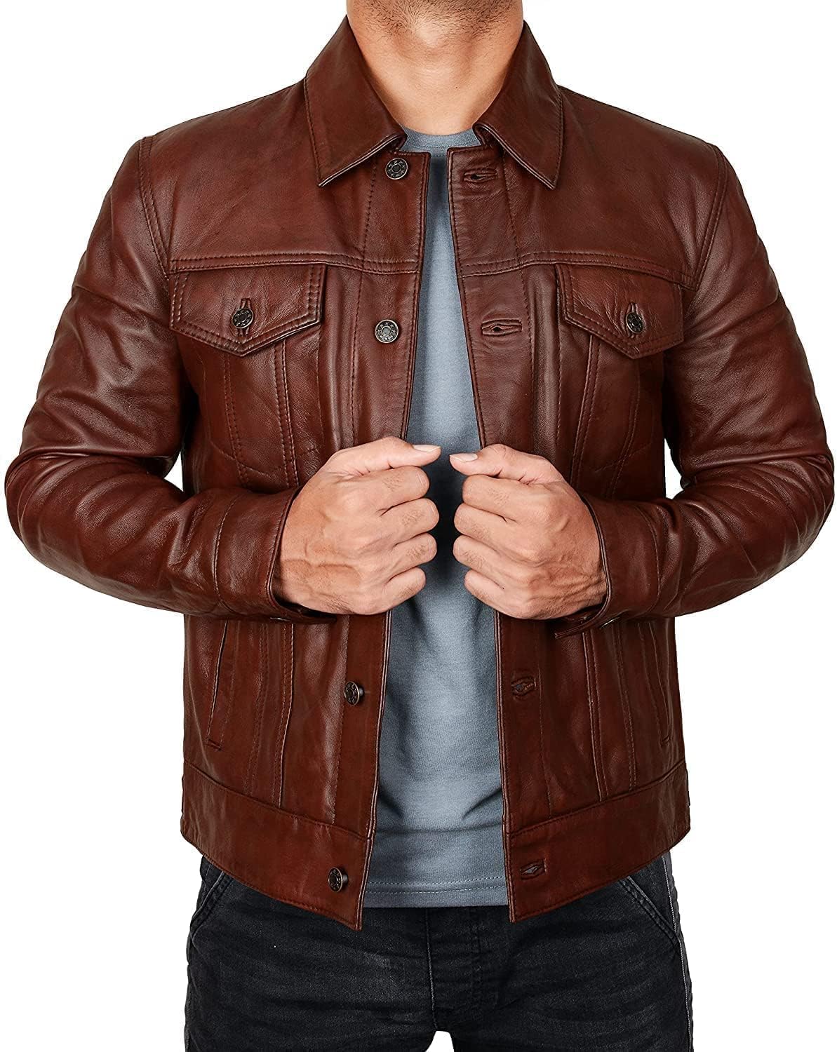 STOREJEES Brown Leather Jacket Men - Chamarras De Piel Para Hombre | Trucker Brown - M