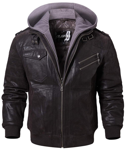 FLAVOR Men Brown Leather Motorcycle Jacket with Removable Hood (Large (US standard), Dark Brown+Gray)