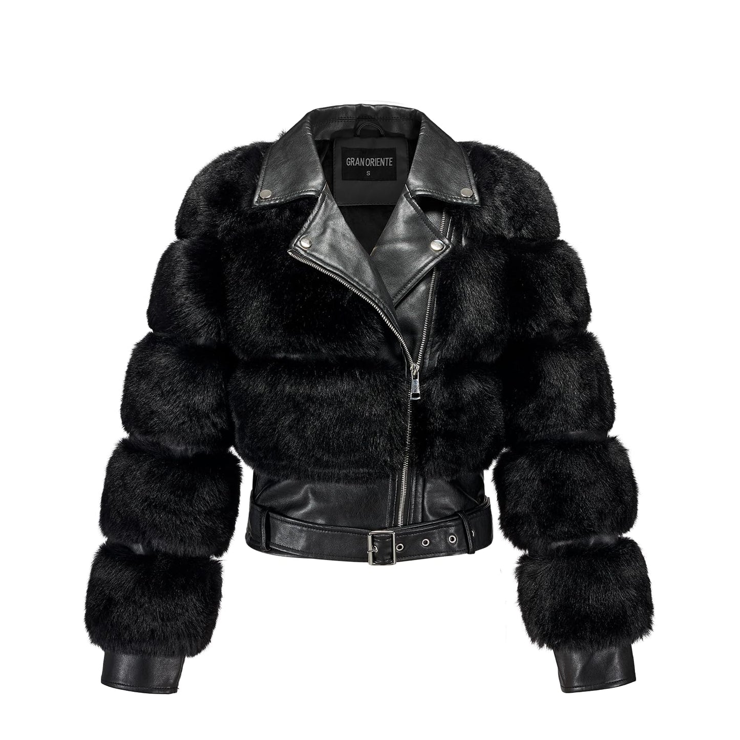 GRAN ORIENTE Women's Moto Style Cropped Faux Fur Jacket,Faux Leather Belted Biker Coat,Zip Up Plush Winter Outerwear (GK098A Black, M)
