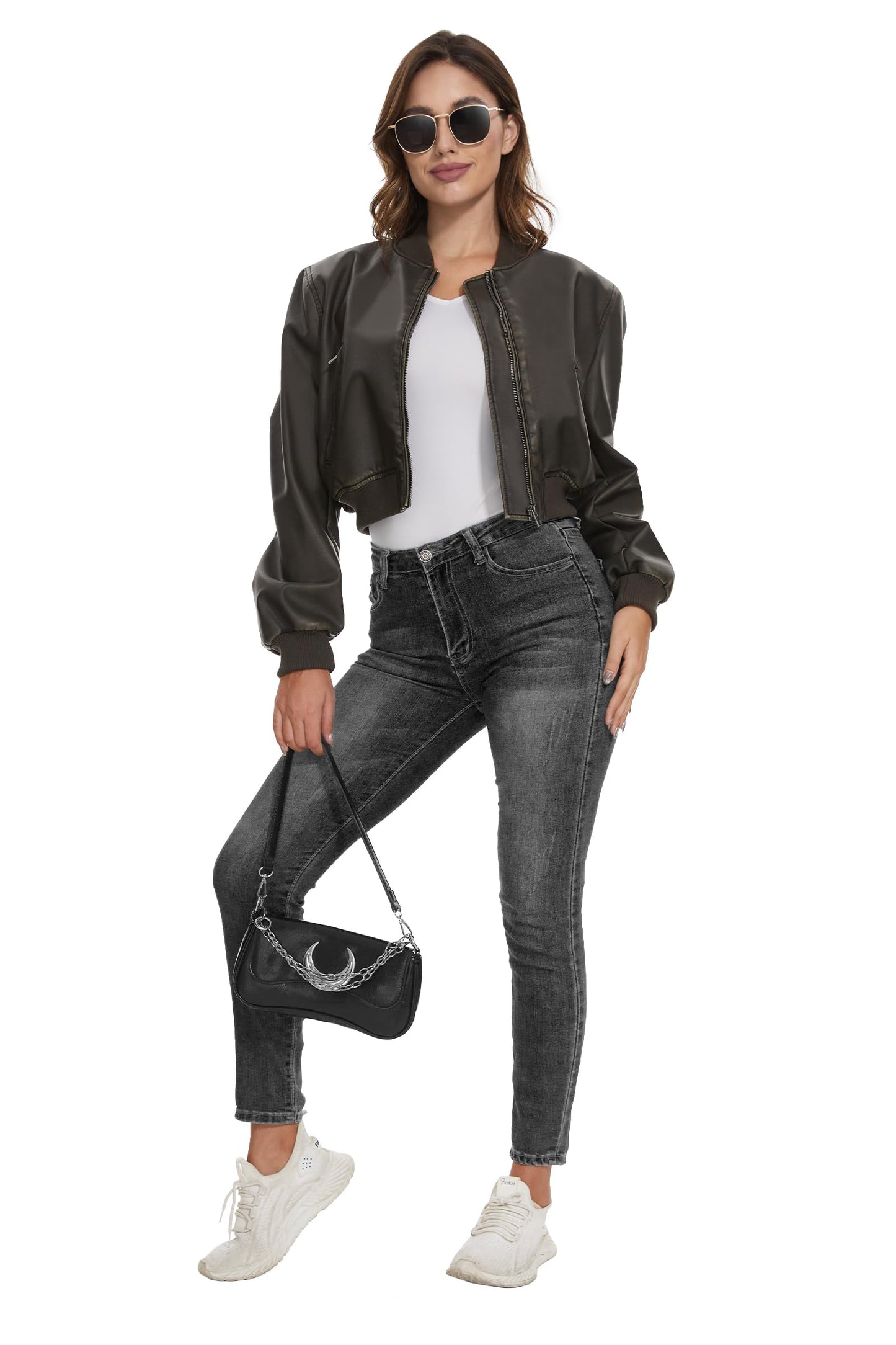 Fahsyee Women's Faux Leather Jacket, Moto Belted Biker Coat, Black S