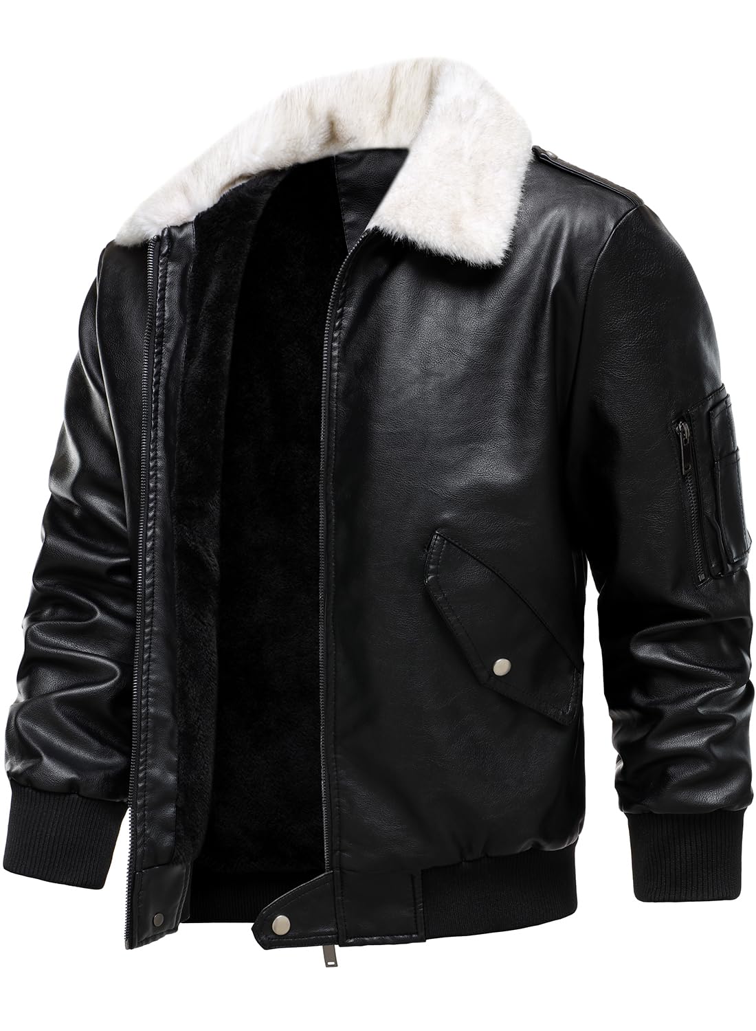 HOOD CREW Men’s Faux Leather Aviator Bomber Jacket with Fur Collar Warm Fleece Lined Biker Jackets Vintage Winter Coats Black L