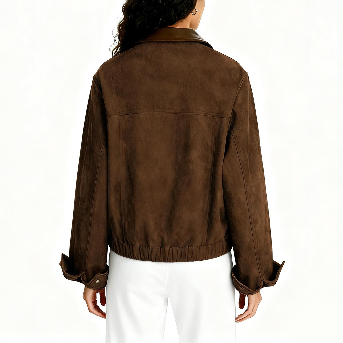 Zoziiee Women's Faux Suede Cropped Jacket Contrast Collar Zip Up Utility Barn Coat Trendy Fall Outwear(Coffee,M)
