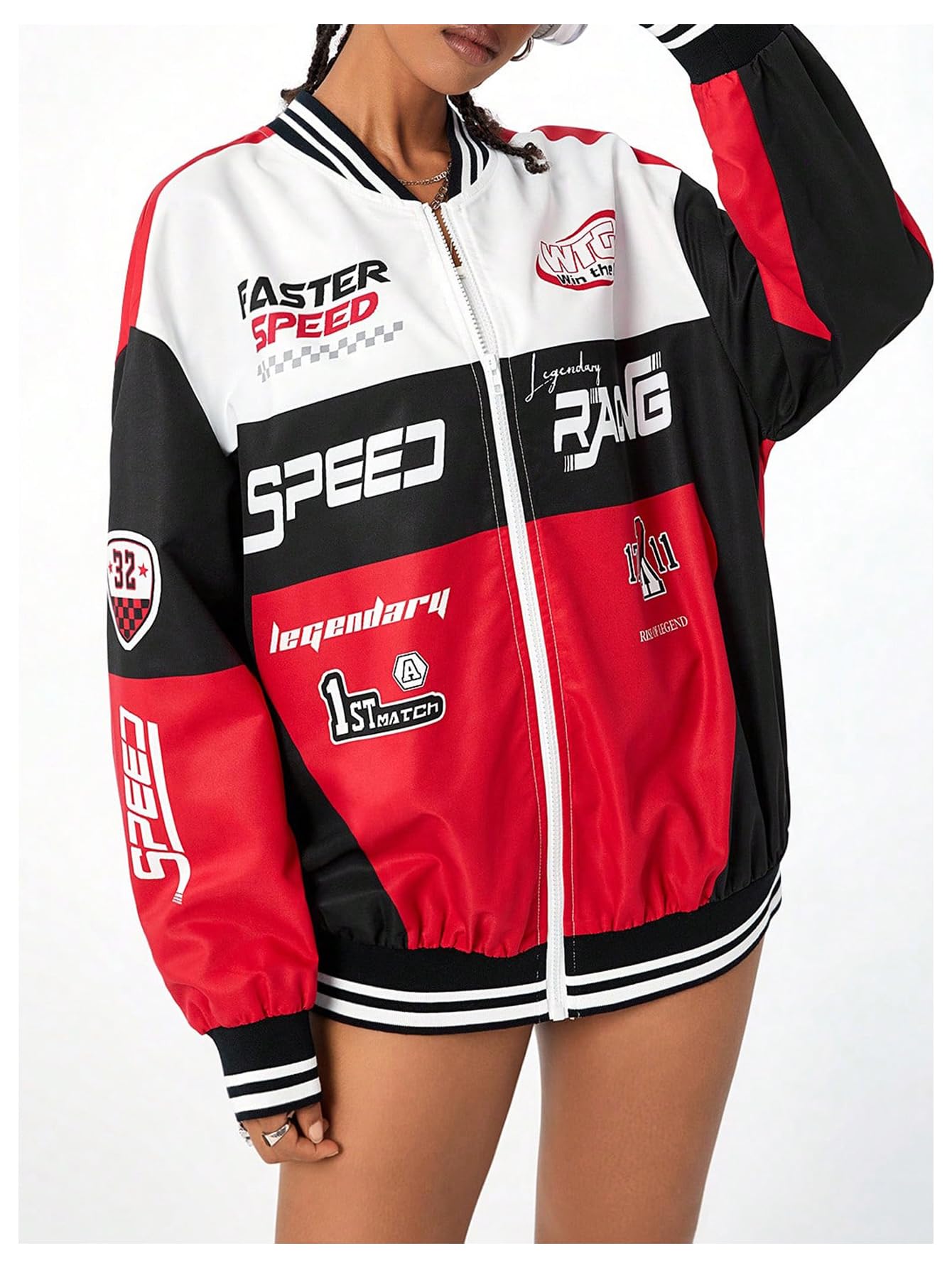 Verdusa Women's Graphic Motorcycle Racing Bomber Jacket Streetwear Zip Up Outerwear Y2k Fall Jackets Black Medium