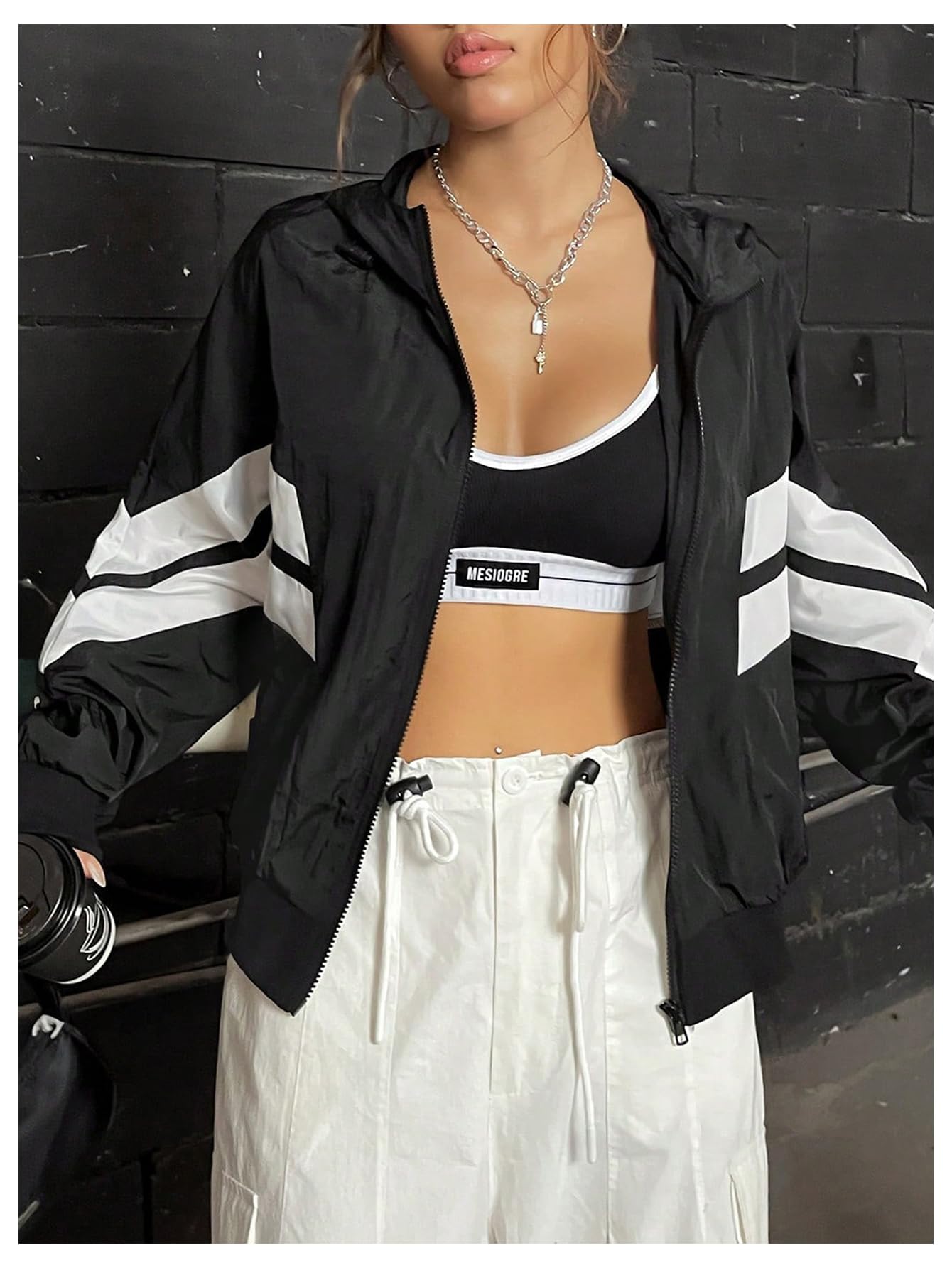 Verdusa Women's Color Block Zip Up Hooded Jacket Outerwear Loose Windbreaker Jackets Black Small