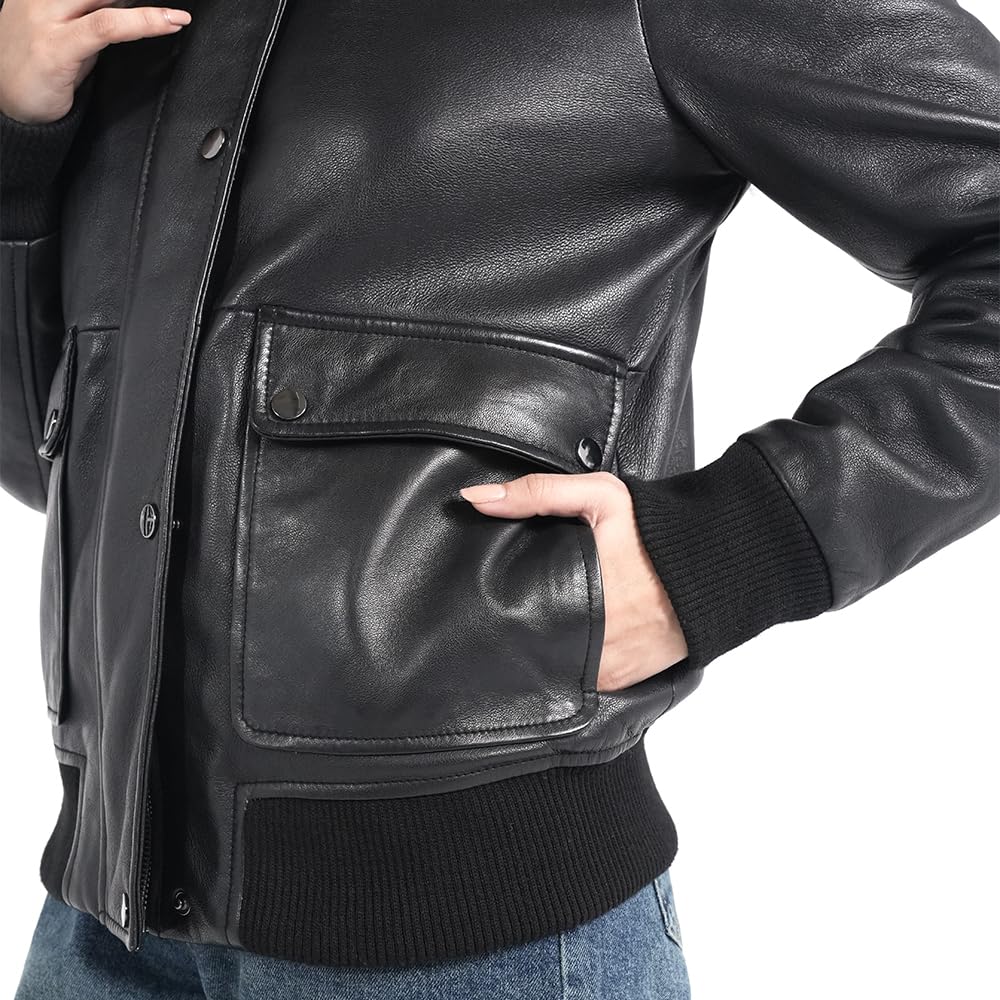 STREGA Women's Lambskin Leather Bomber Jacket – Detachable Snow Top Faux Fur Collar, Polyester-Insulated Lining | Genuine Leather Aviator Jacket Women with Warm Winter Comfort | Black – Medium