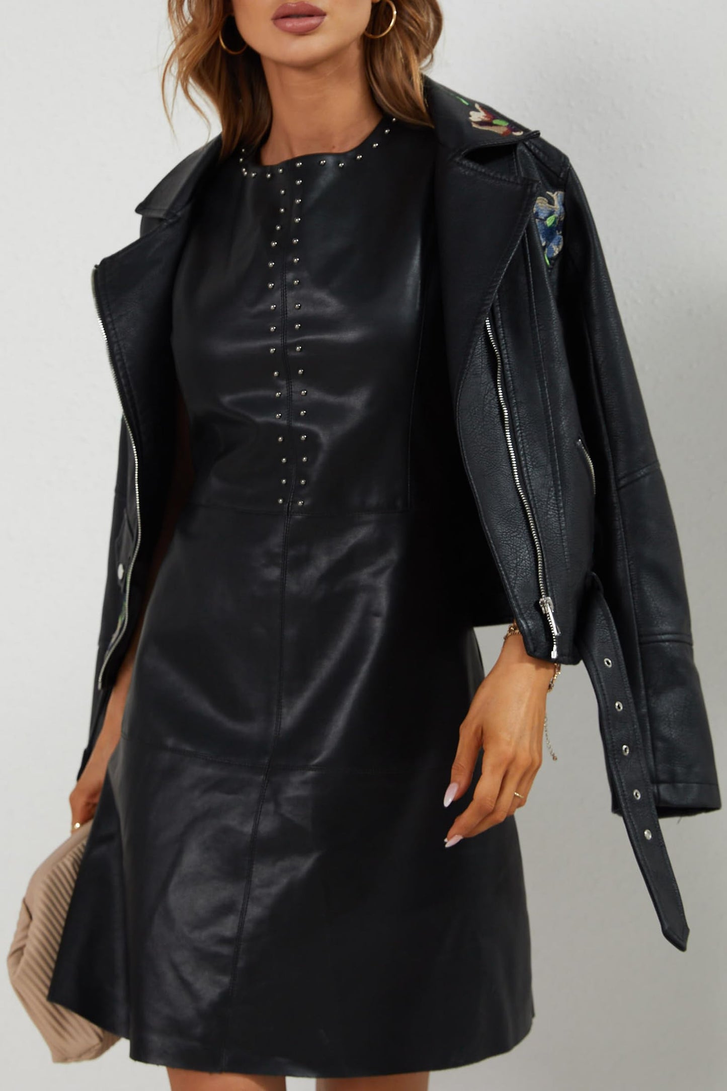 Bellivera Women's Faux Leather Jacket Floral Lightweight Moto Coat Black 2XL