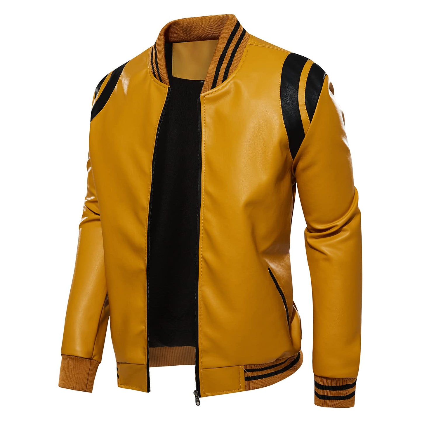 chuida Slim Fit Men's Stand Collar Leather Jacket Motorcycle Lightweight Faux PU Faux Leather Zip Up Bomber Coat Men Casual Outwear (as1, alpha, l, regular, regular, Yellow)